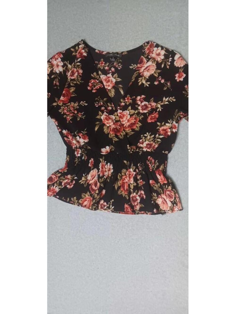 Moa Moa 3/4 Ruffled Sleeve Peplum Blouse Womens Size Small Black With Pink... - Picture 10 of 11